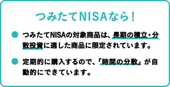 つみたてNISAなら！ つみたてNISAの対象商品は、長期の積立・分散投資に適した商品に限定されています。 定期的に購入するので、「時間の分散」が自動的にできています。
