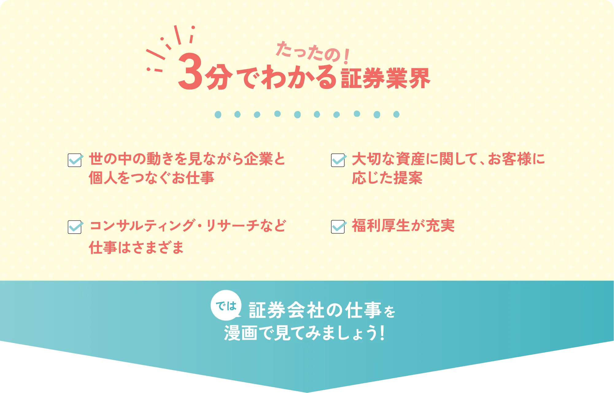 たったの！3分でわかる証券業界 世の中の動きを見ながら企業と個人をつなぐお仕事 大切な資産に関して、お客様に応じた提案 コンサルティング・リサーチなど仕事はさまざま 福利厚生が充実 では証券会社の仕事を漫画で見てみましょう！
